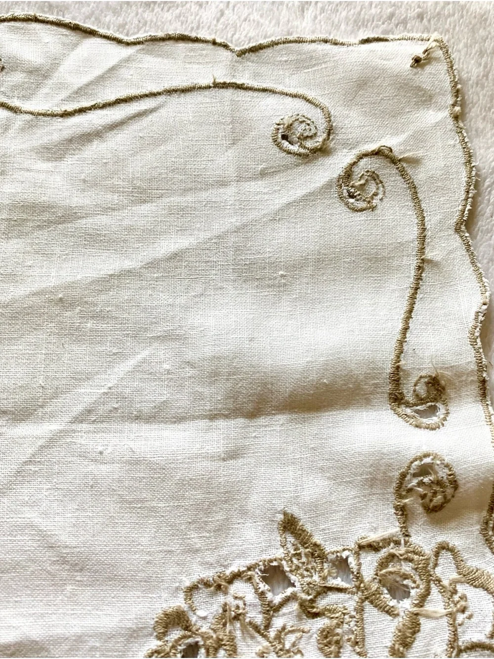Vintage Cream Table Linen with Gold Embroidered Scrollwork